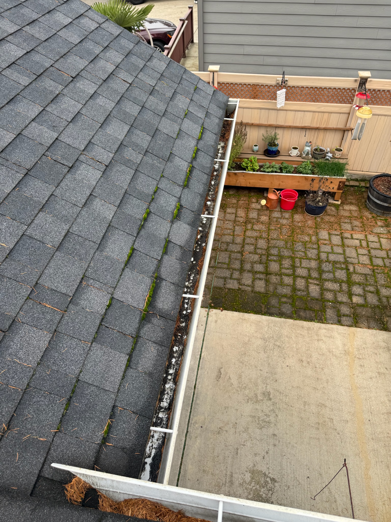 Gutter full of debris along roof edge with backyard patio visible below before cleaning