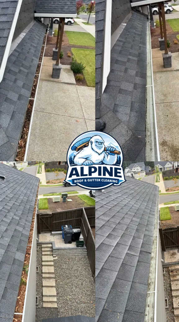 Before and after gutter cleaning in Vancouver, WA: debris-filled gutters and the same gutters cleared, shown from two angles